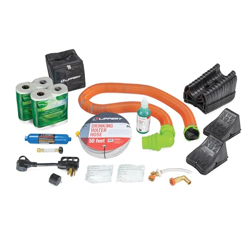 Lippert Premium RV Starter Kit with Power Adapters, Regulator, Filter, Tank Filler, Water Hose, Sewer Hose Kit, Hose Support, Tank Treatment, Toilet Paper, Chocks, Leveling Blocks - 2023000844